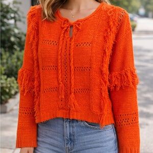 Davi & Dani Fringe Sweater Size Medium Orange Boho Knit Cropped Textured Festiva